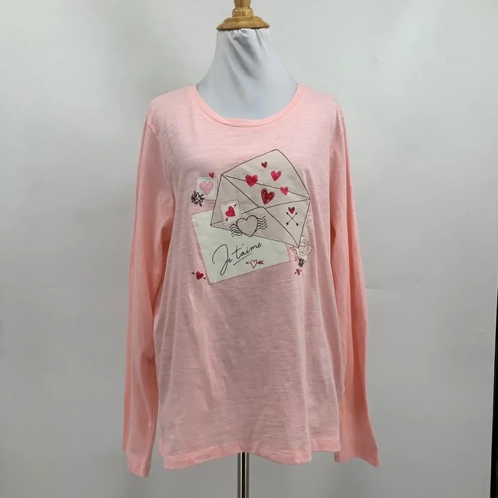 J Crew T Shirt Women L Large Pink Love Letters Graphic Collector Long Sleeve Tee
